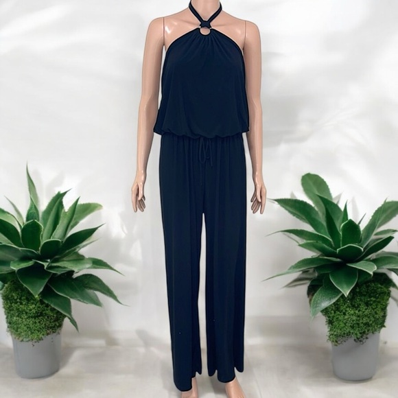 Black with Silver Ring Tie Neck Sleeveless Halter Wide Leg Jumpsuit - Picture 8 of 16